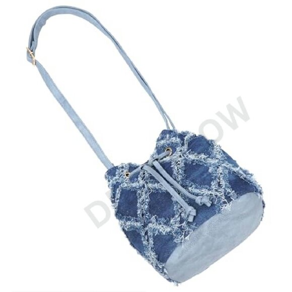 Denim Quilted Distressed Mini Bucket Satchel Purse Crossbody Shoulder Bag - Picture 7 of 8